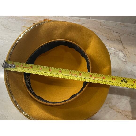 Vintage Deborah New York Mustard Yellow Wool Hat, Feathers, Beading, Church - Picture 11 of 13